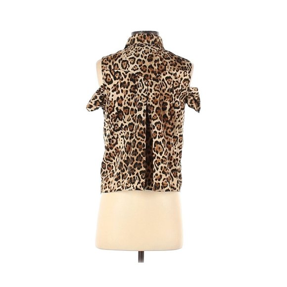 WAYF Top Brown Black Leopard Print Button Blouse Cold Shoulder - Picture 4 of 12